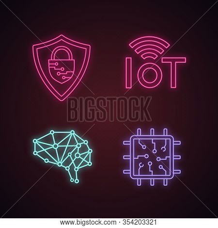Artificial Intelligence Neon Light Icons Set. Ai. Cybersecurity, Internet Of Things, Neural Network,