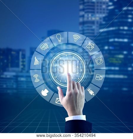 Hand Of A Man Touching On Virtual Augmented Reality Graphics To Open Objects Selection On Internet O