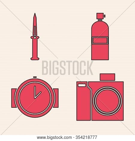 Set Photo Camera For Diver, Army Knife, Aqualung And Diving Watch Icon. Vector