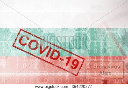 Bulgaria Flag And Futuristic Digital Abstract Composition With Covid-19 Stamp. Coronavirus Outbreak 