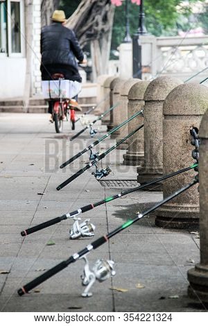 Reduce Stress When Fishing In The City River. Activity And Free Time In The City. Outdoor Activity