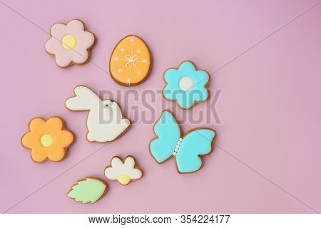 Easter Card With Gingerbread Cookies. Easter Card Template. Egg Shaped Cookies And Easter Bunny. Hap