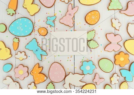 Easter Card With Gingerbread Cookies. Easter Card Template. Egg Shaped Cookies And Easter Bunny. Hap