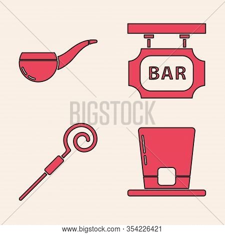 Set Leprechaun Hat, Smoking Pipe, Street Signboard With Inscription Bar And Walking Stick Icon. Vect