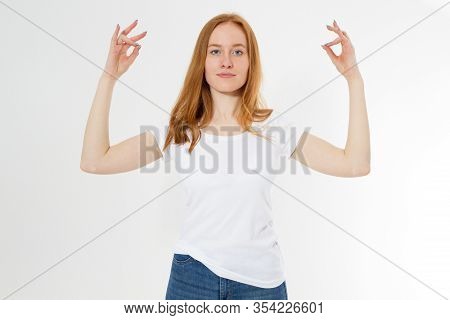 Red Hair Teen Lady In Zen Pose Poratrait On Light Background, Practicing Yoga And Meditation, Holdin