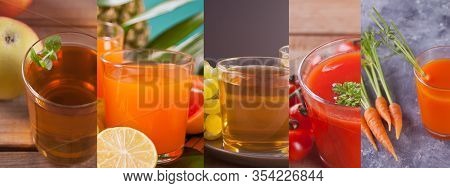 Collage Of Various Juice Apple, Orange, Mango, Multifruit, Frape, Tomato And Carrot