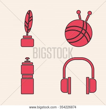 Set Headphones, Feather And Inkwell, Yarn Ball With Knitting Needles And Fitness Shaker Icon. Vector