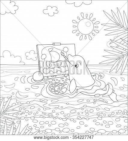 Small Dolphin Drawing A Funny Picture Of A Toy Sailing Ship In Water Of A Tropical Beach On A Sunny 