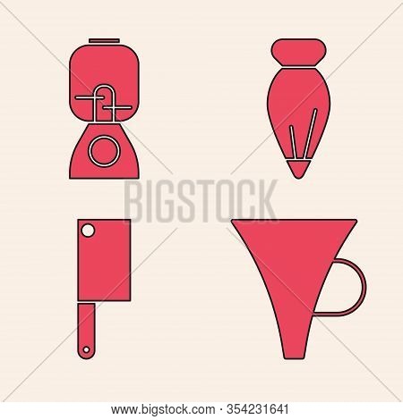 Set Funnel Or Filter, Blender, Pastry Bag For Decorate Cakes And Meat Chopper Icon. Vector