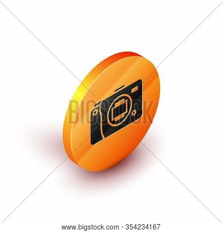 Isometric Mirrorless Camera Icon Isolated On White Background. Foto Camera Icon. Orange Circle Butto