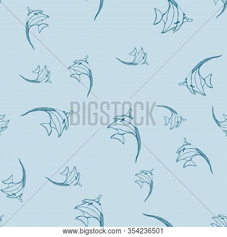 Pattern With Dark Blue Sea Fish On A Blue Background, Stock Vector Illustration For Idecor Design, N