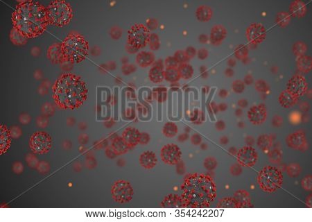 3D Rendering, Coronavirus Cells Covid-19 Influenza Flowing On Grey Gradient Background As Dangerous