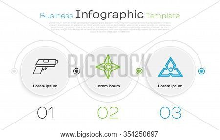 Set Line Pistol Or Gun, Japanese Ninja Shuriken And Japanese Ninja Shuriken. Business Infographic Te
