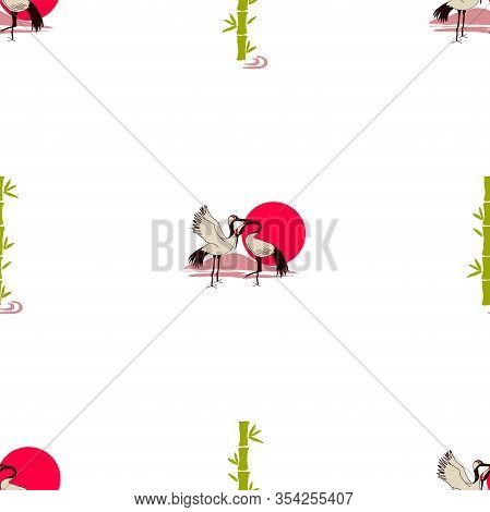 Botanical Floral Decoration Texture. Beautiful Abstract Pattern With Crane. Seamless Bamboo Backgrou
