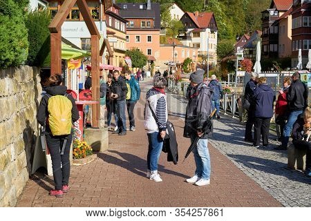 Rathen, Germany - October 03, 2018: Tourists In The Holiday Resort Rathen In The Elbe Sandstone Moun