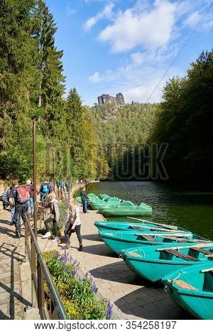 Rathen, Germany - October 04, 2018: Tourists At The Boat Rental At Amselsee In Rathen In The Saxon S