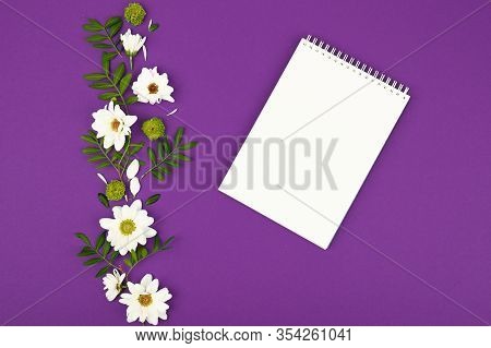 Background With White Flowers And Empty Notebook For Text On Purpule Table. Place For Text. Top View