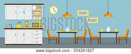 Dining Room Witn Small Kitchen In The Office. Interior Vector Illustration.