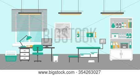 Vet Clinic Interior Flat Vector Illustration. Vet Doctors Consultation Room.