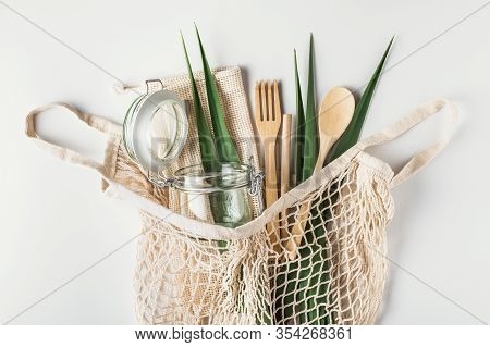 Zero Waste, Plastic-free And Eco-friendly Lifestyle. Cotton Mesh Bag, Glass Bottle, Jar And Bamboo C
