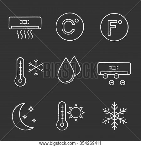 Air Conditioning Chalk Icons Set. Conditioner, Celsius, Fahrenheit, Winter And Summer Temperature, W