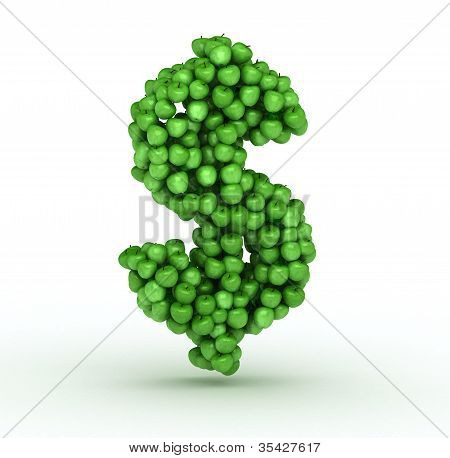 Dollar sign, from scattered green fresh apples