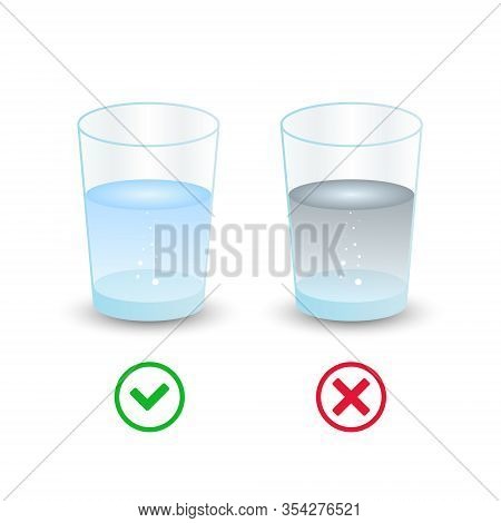 Right And Incorrect Choice Between Glass Of Water With Clean And Dirty Water. Isolated On White Back
