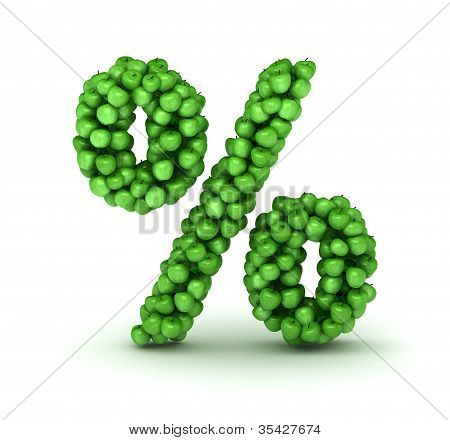 Percent from scattered green fresh apples on white