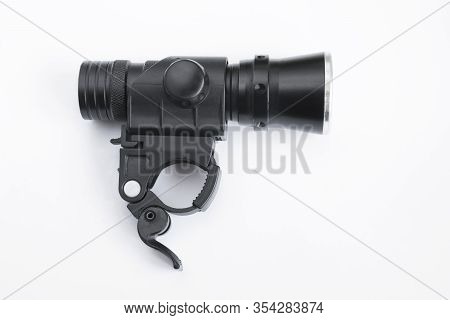 Led Light For Bicycle Isolated. Front Led Lights For Bikes Are Isolated On A White Background.