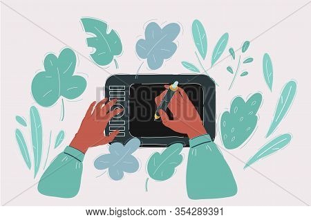 Hands With Stilus Drawing On Digitizer. Designer And Cg Artist.