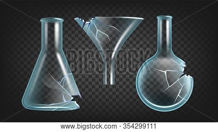 Broken Laboratory Flasks And Funnel Set Vector. Scientific Clean Glassware, Damaged Pharmacy Flasks 