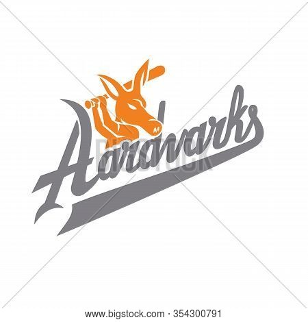 Mascot Icon Illustration Of An Aardvark Baseball Player With Bat Batting With Script Text 