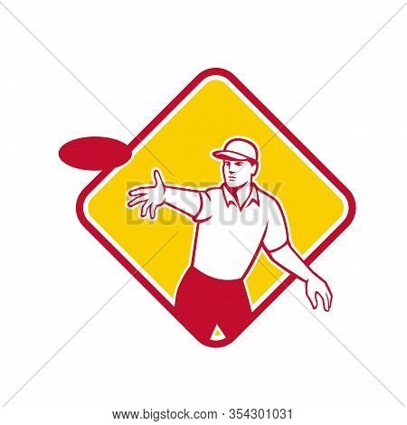 Mascot Icon Illustration  Of An Disc Golf Player Throwing A Flatball Set Inside Diamond Shape Viewed