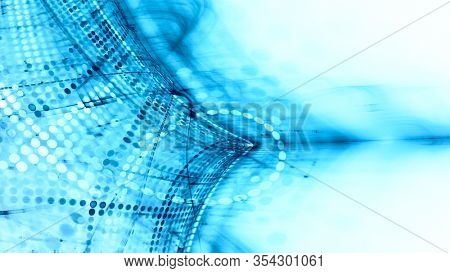 Abstract blue and white background element. Fractal graphics 3d illustration. Wide format composition of grid cells and circles. Information technology concept.