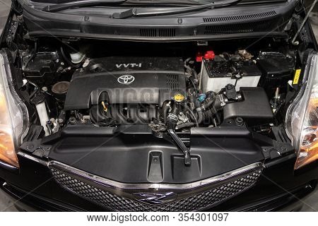 Novosibirsk, Russia -  January 24, 2020: Toyota Ractis, Close Up Detail Of  Car Engine, Front View. 