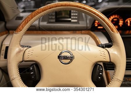 Novosibirsk, Russia -  January 15, 2020: Nissan Xtrail,  Close-up Of The Dashboard, Player, Steering