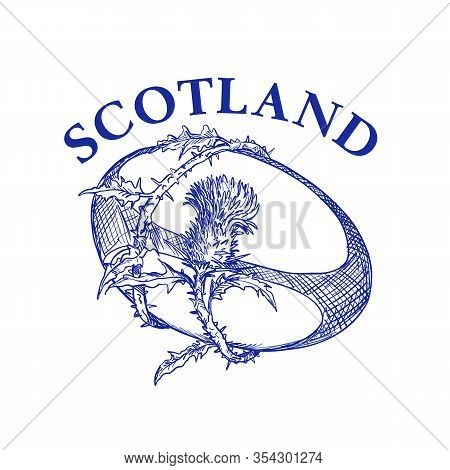 Hand Sketched Drawing Illustration Of Rugby Ball With Scotch Thistle Flower And Vine Entwined On Iso
