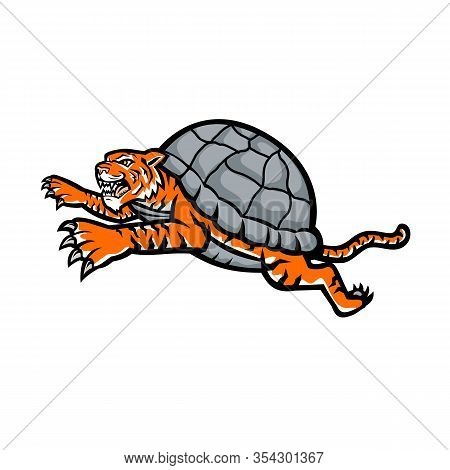 Mascot Icon Illustration Of Head Of A Turtle Tiger, A Tiger That Is Half Turtle With Shell Leaping J