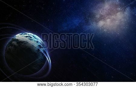 Abstract Space Illustration, 3d Image, Planet Earth In Space In The Radiance Of Stars And Abstract L