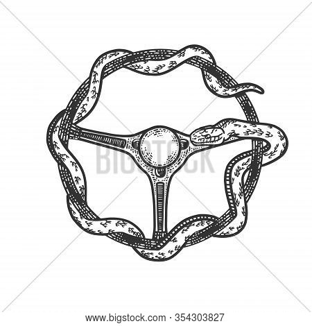 Snake Wrapped Around The Steering Wheel Sketch Engraving Vector Illustration. T-shirt Apparel Print 