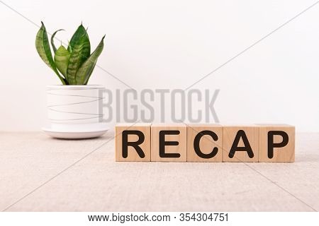 Recap Word Concept Written On Wooden Blocks Lying On A Light Table With A Flower In A Flowerpot On A