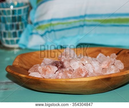 Wooden Bowl Of Pink Himalayan Salt Chunks