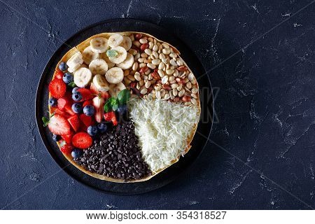 Thick Indonesian Pancake With Sweet Filling: Chocolate Chips, Peanuts, Strawberries, Blueberries, Ba