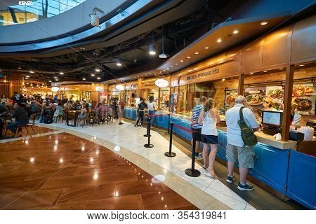 SINGAPORE - JANUARY 20, 2020: a food court in the Shoppes at Marina Bay Sands