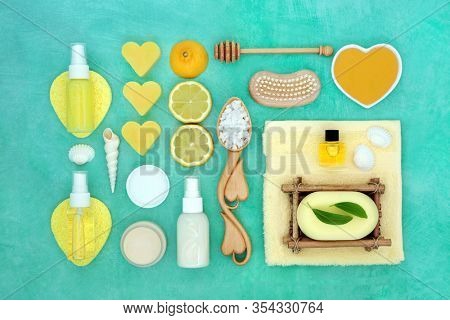 Beauty treatment for skincare with lemon fruit & cleansing products including moisturising cream  lotion, oil, gel, soap & ex foliation salts. ation salts. 