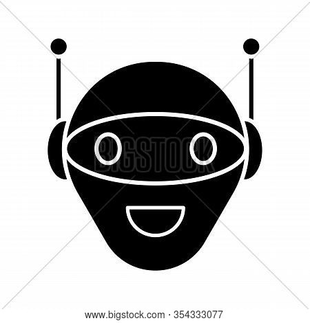 Chatbot Glyph Icon. Silhouette Symbol. Talkbot. Modern Robot. Android Laughing Chat Bot. Virtual Ass
