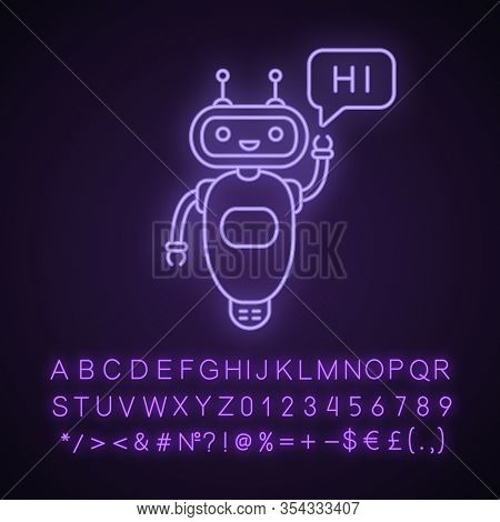 Chatbot Saying Hi Neon Light Icon. Talkbot Greeting User. Virtual Assistant. Online Helper. Modern R