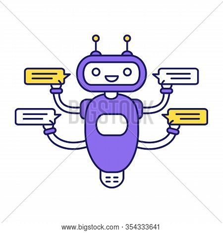 Chatbot With Four Speech Bubbles Color Icon. Talkbot Chatting To Several Users. Customer Support Ser