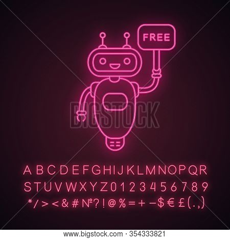 Chatbot With Free In Speech Bubble Neon Light Icon. Free Customer Support Talkbot. Virtual Assistant