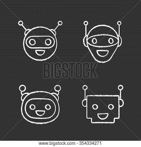 Chatbots Chalk Icons Set. Talkbots. Laughing Virtual Assistants Collection. Conversational Agents. M